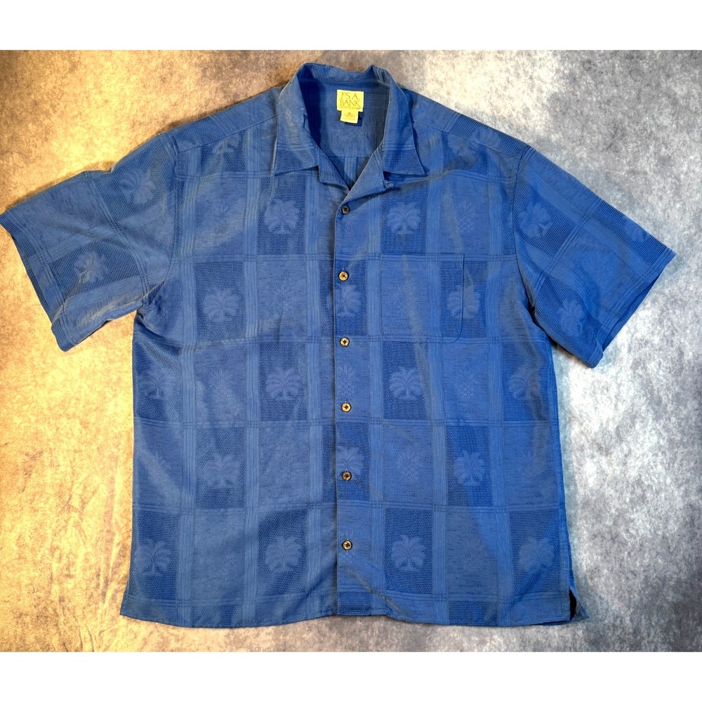 Vintage Jos A Bank Blue Modal Hawaiian Shirt Mens Large Floral Short Sleeve